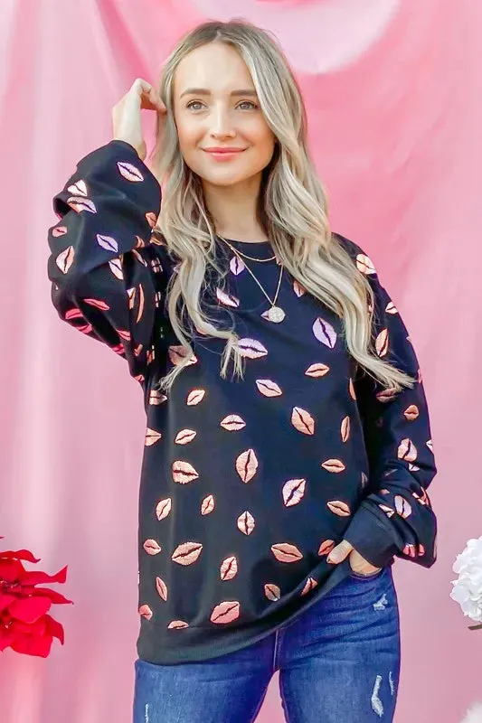 And The Why Kiss Pink Foil Allover Print Pullover Sweatshirts
