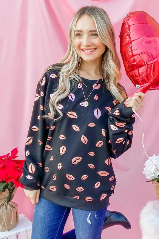 And The Why Kiss Pink Foil Allover Print Pullover Sweatshirts