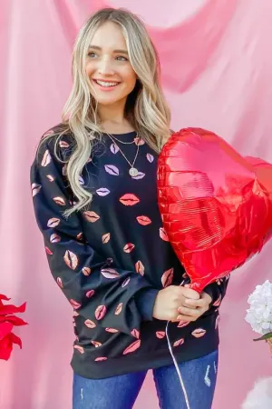 And The Why Kiss Pink Foil Allover Print Pullover Sweatshirts