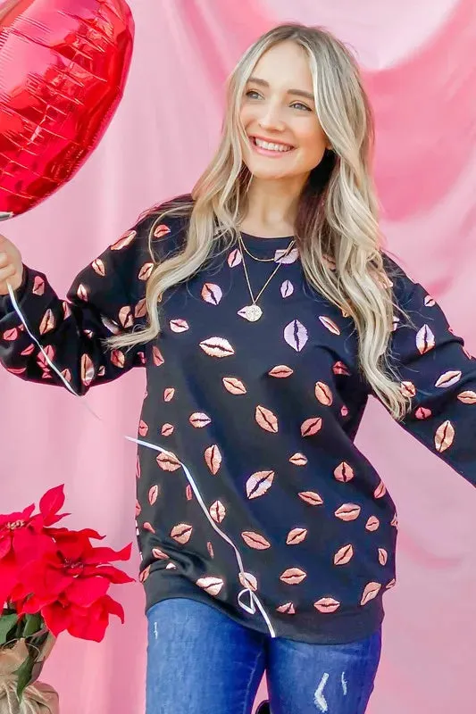 And The Why Kiss Pink Foil Allover Print Pullover Sweatshirts