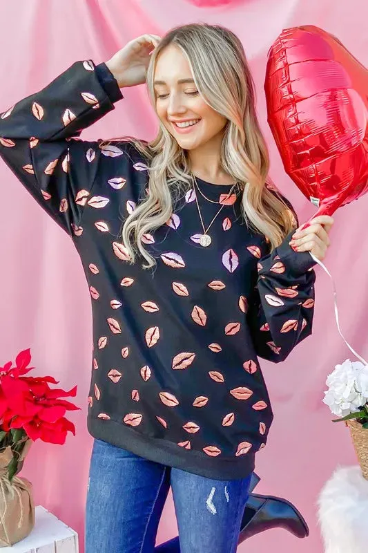 And The Why Kiss Pink Foil Allover Print Pullover Sweatshirts