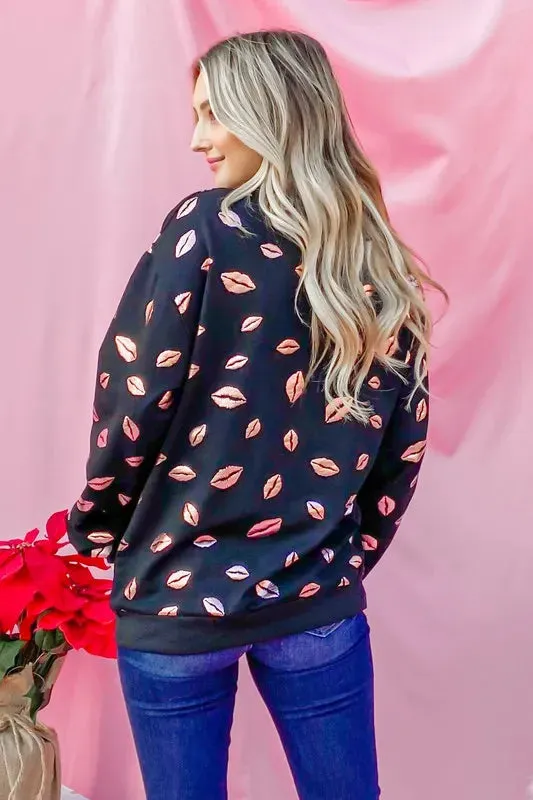 And The Why Kiss Pink Foil Allover Print Pullover Sweatshirts