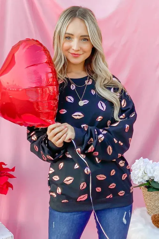 And The Why Kiss Pink Foil Allover Print Pullover Sweatshirts