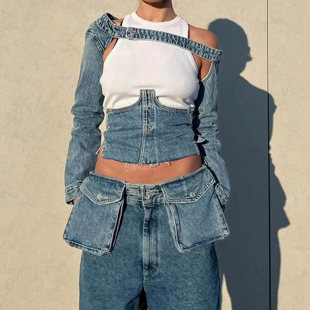 Back Bandage Jeans Crop Short & Top