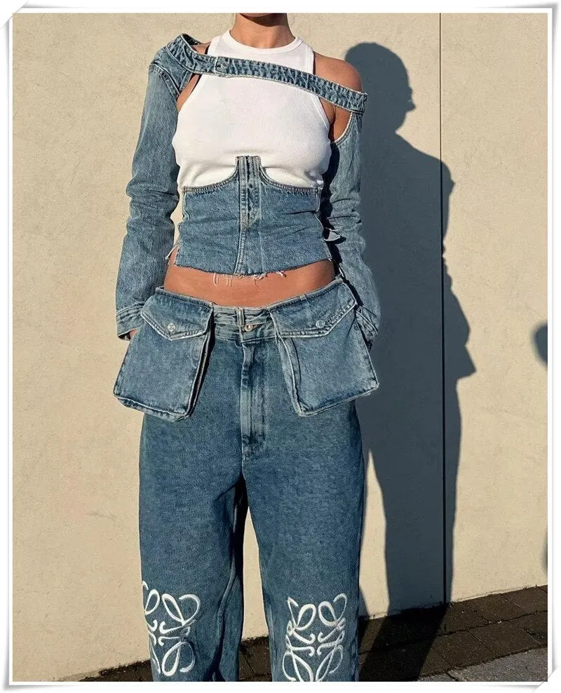 Back Bandage Jeans Crop Short & Top