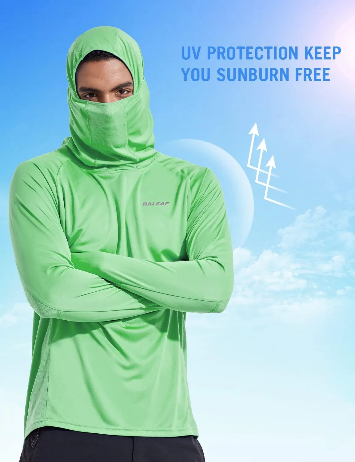 baleaf Men's Sun Protection Hoodie Shirt UPF 50  Long Sleeve UV SPF T-Shirts with Mask Rash Guard Fishing Lightweight