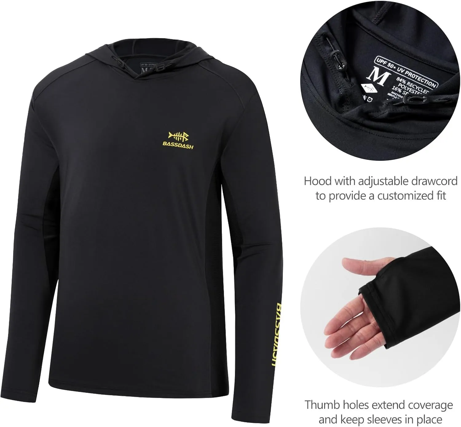 BASSDASH Mens UPF 50  Drawstring Fishing Hoodie Shirts UV Sun Protection Long Sleeve Outdoor Hiking Hooded T-Shirts FS33M