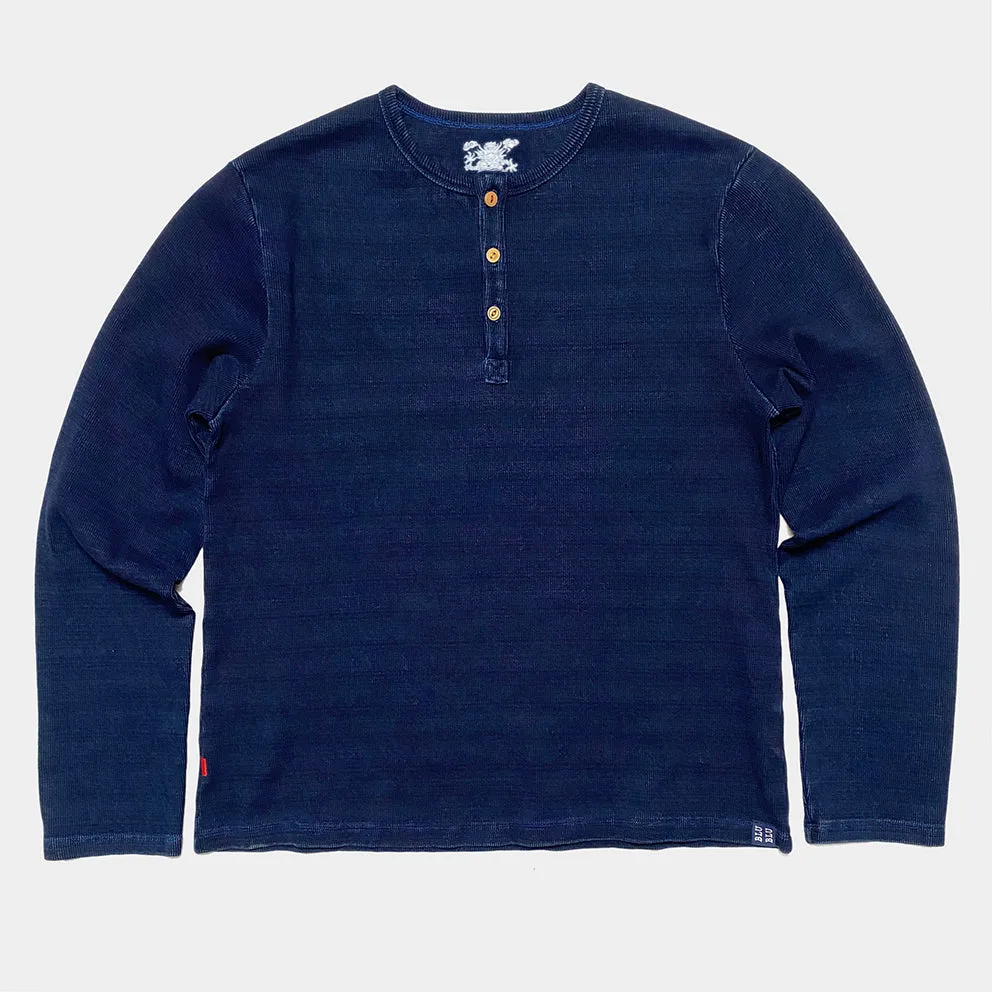 BZEN M.3084 MIZUIRO-RI REGULAR FIT LONG SLEEVE 3 BUTTON HENLEY INDIGO 2X2 RIB-400GSM-E0 INDIGO