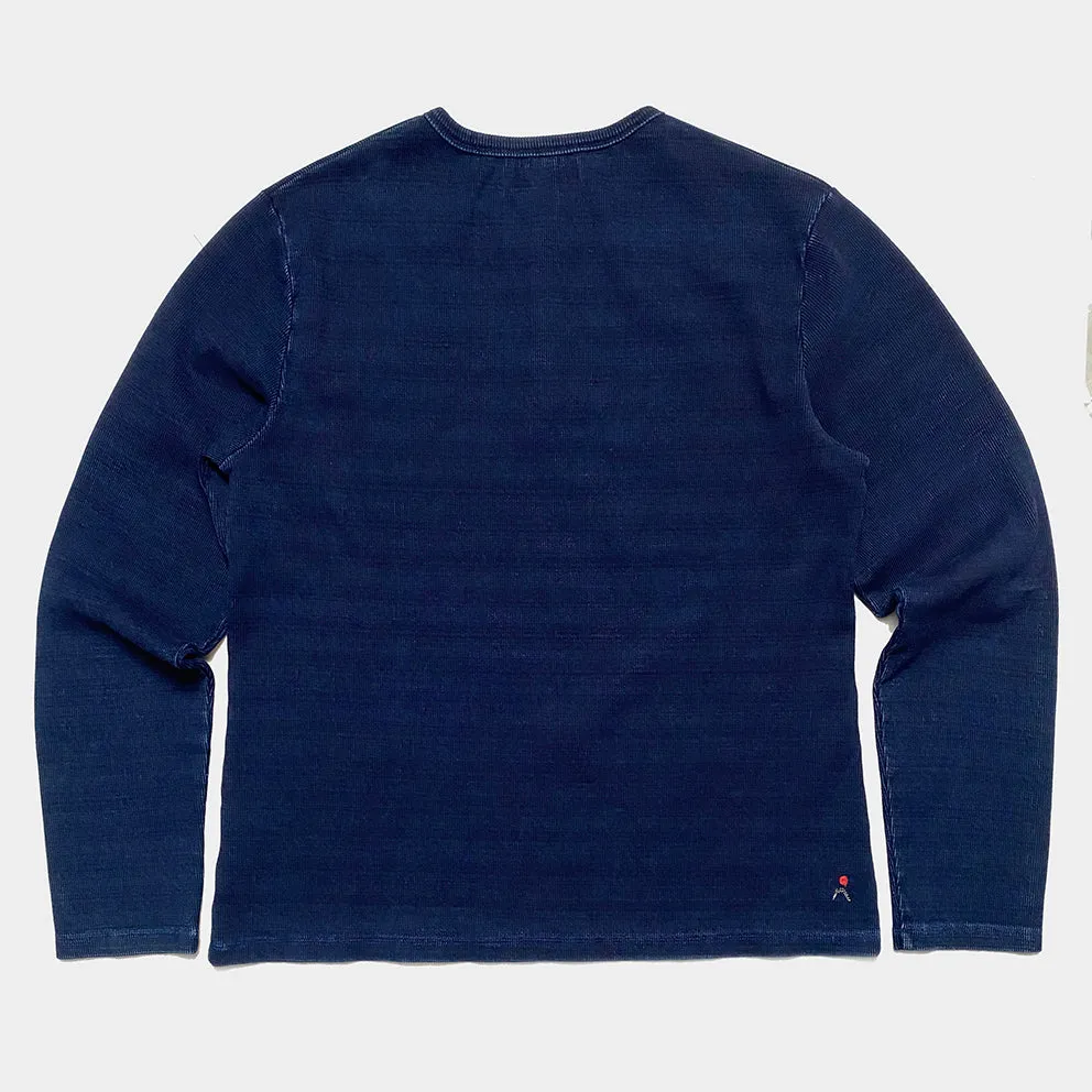 BZEN M.3084 MIZUIRO-RI REGULAR FIT LONG SLEEVE 3 BUTTON HENLEY INDIGO 2X2 RIB-400GSM-E0 INDIGO