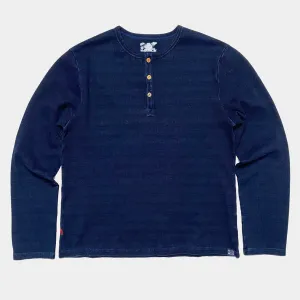 BZEN M.3084 MIZUIRO-RI REGULAR FIT LONG SLEEVE 3 BUTTON HENLEY INDIGO 2X2 RIB-400GSM-E0 INDIGO