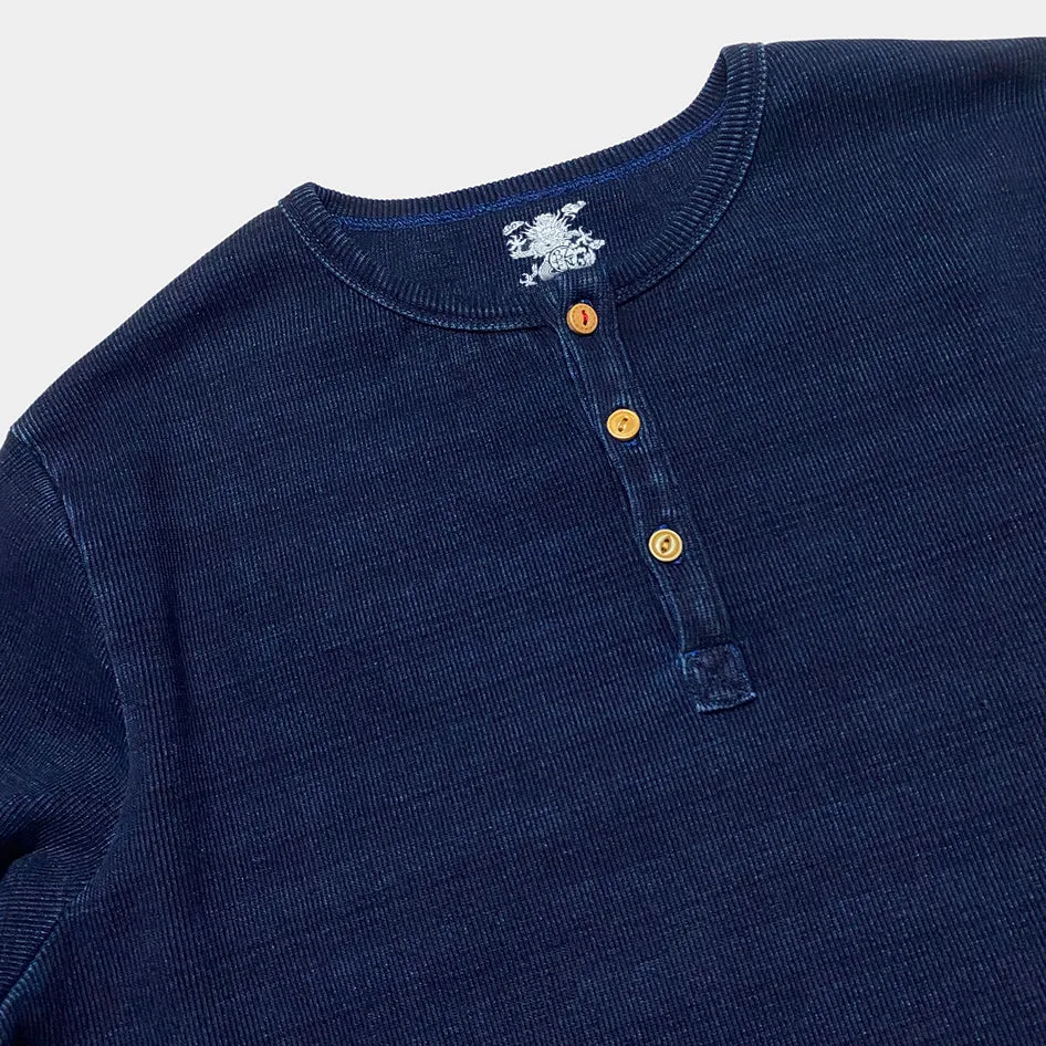 BZEN M.3084 MIZUIRO-RI REGULAR FIT LONG SLEEVE 3 BUTTON HENLEY INDIGO 2X2 RIB-400GSM-E0 INDIGO