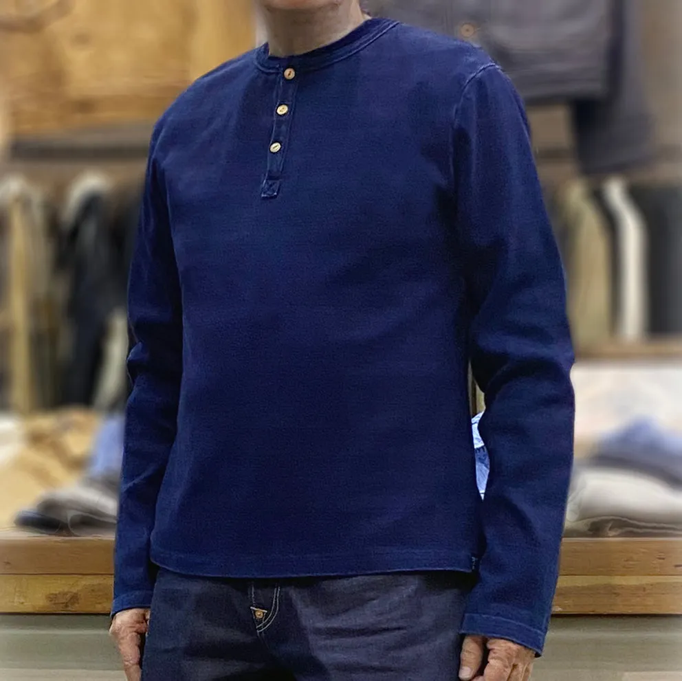BZEN M.3084 MIZUIRO-RI REGULAR FIT LONG SLEEVE 3 BUTTON HENLEY INDIGO 2X2 RIB-400GSM-E0 INDIGO