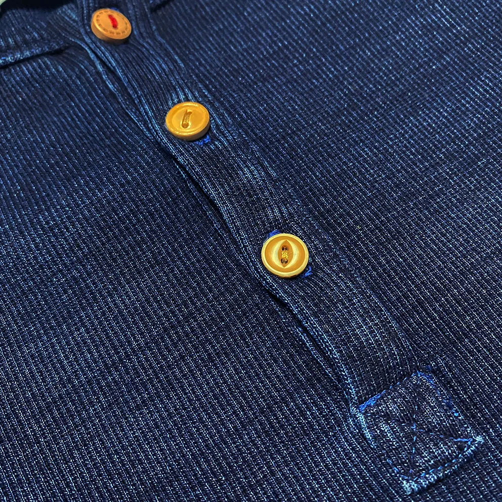 BZEN M.3084 MIZUIRO-RI REGULAR FIT LONG SLEEVE 3 BUTTON HENLEY INDIGO 2X2 RIB-400GSM-E0 INDIGO