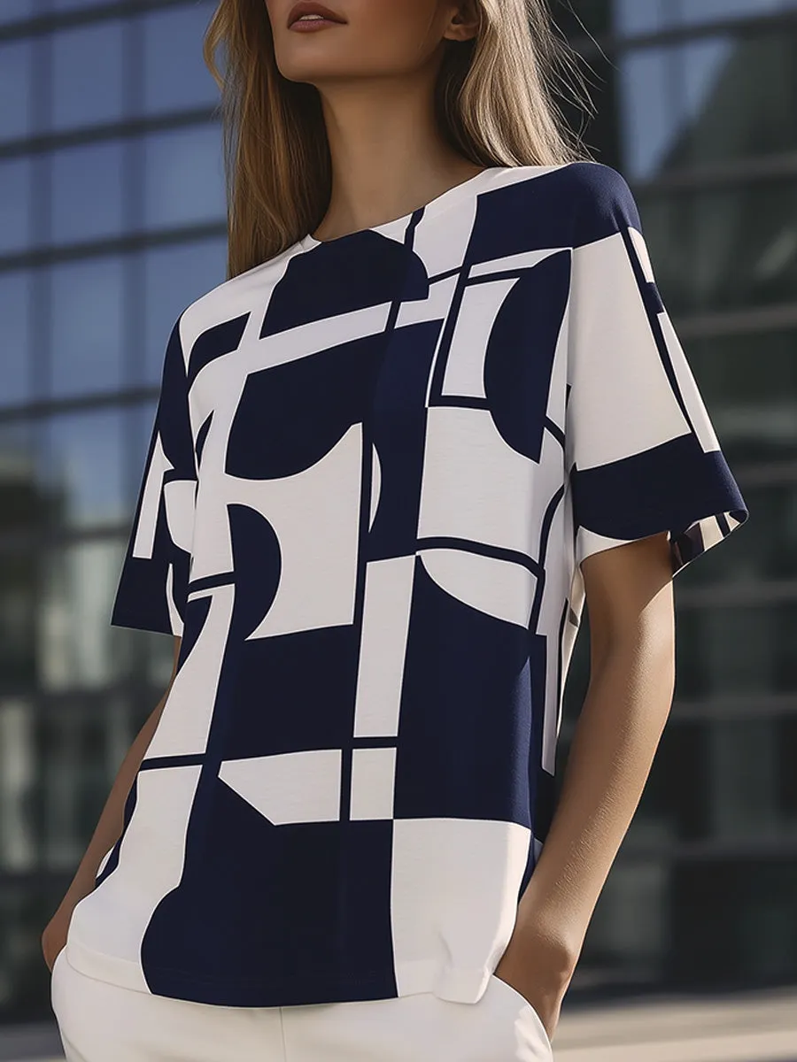 Casual Round Neck Cotton Irregular Print T-shirt