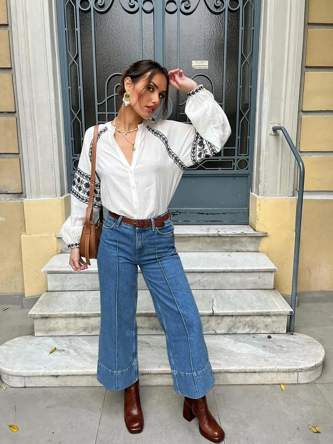 Cicy Bell Womens Baggy Wide Leg Cropped Jeans Casual High Waisted Loose Vintage Denim Pants with Pockets