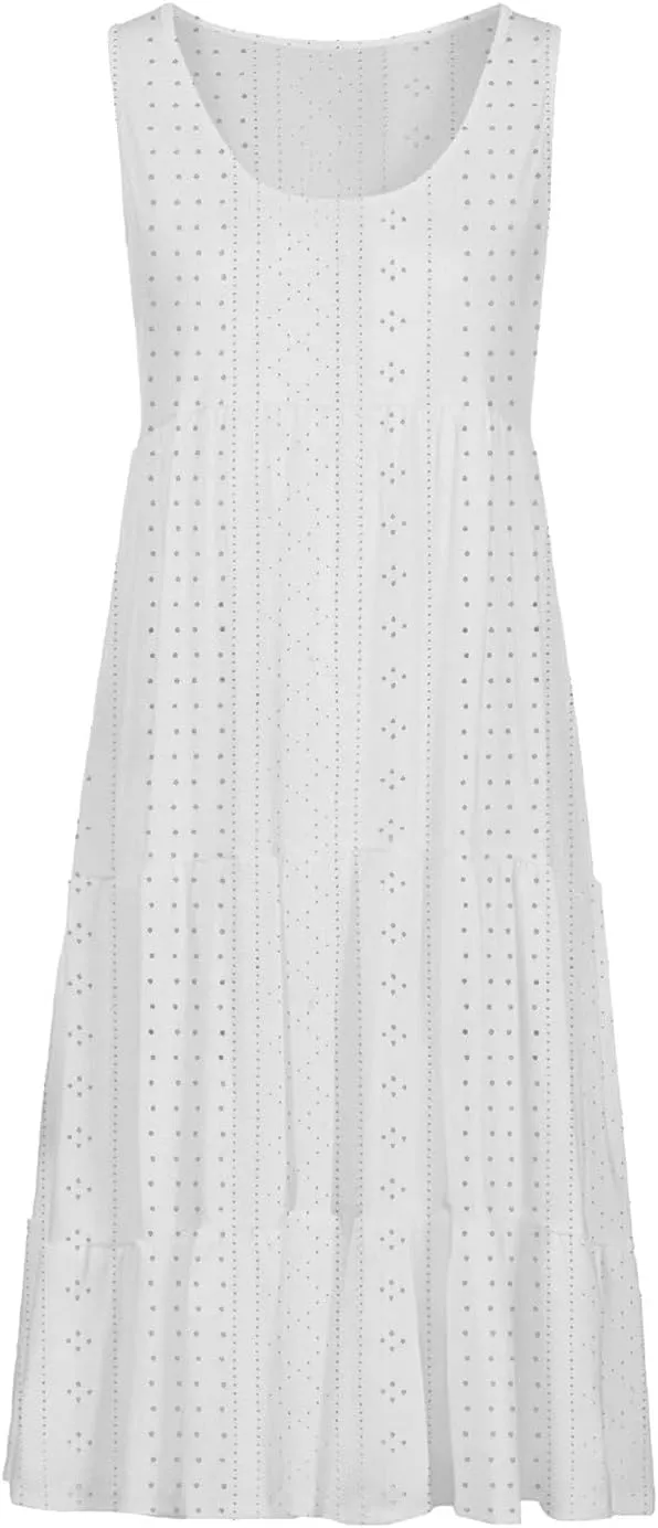 Dresses for Women Summer Casual Hollow Out Breathable Beach Sundresses Loose Fit Sleeveless Round Neck Vacation Dress