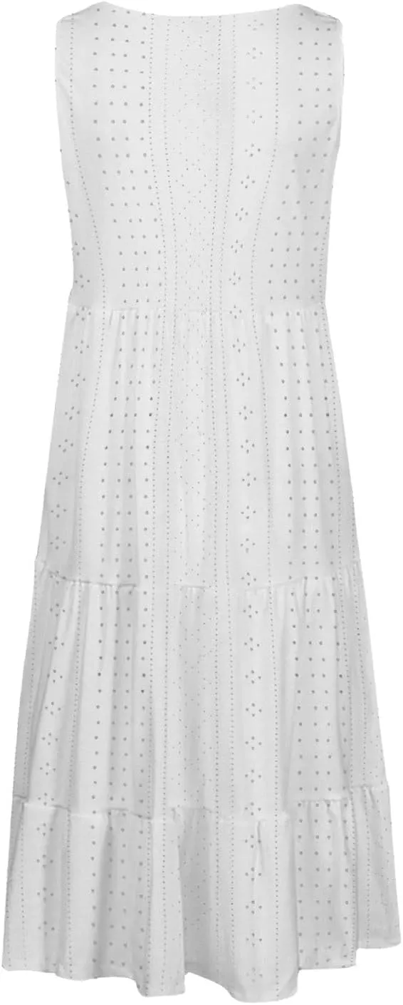 Dresses for Women Summer Casual Hollow Out Breathable Beach Sundresses Loose Fit Sleeveless Round Neck Vacation Dress