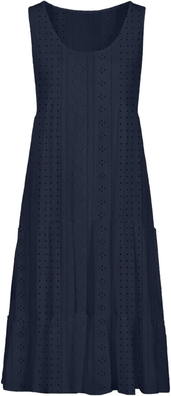 Dresses for Women Summer Casual Hollow Out Breathable Beach Sundresses Loose Fit Sleeveless Round Neck Vacation Dress