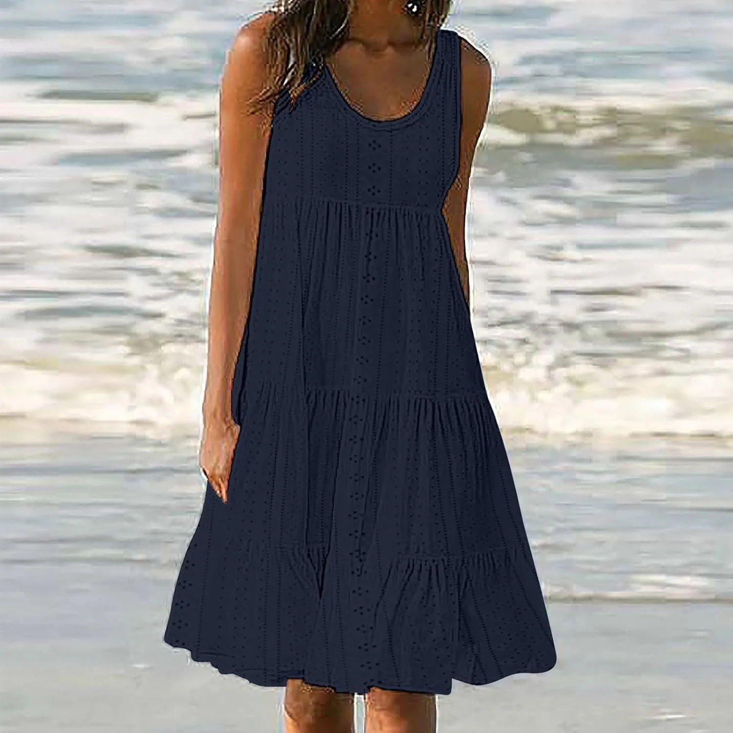 Dresses for Women Summer Casual Hollow Out Breathable Beach Sundresses Loose Fit Sleeveless Round Neck Vacation Dress