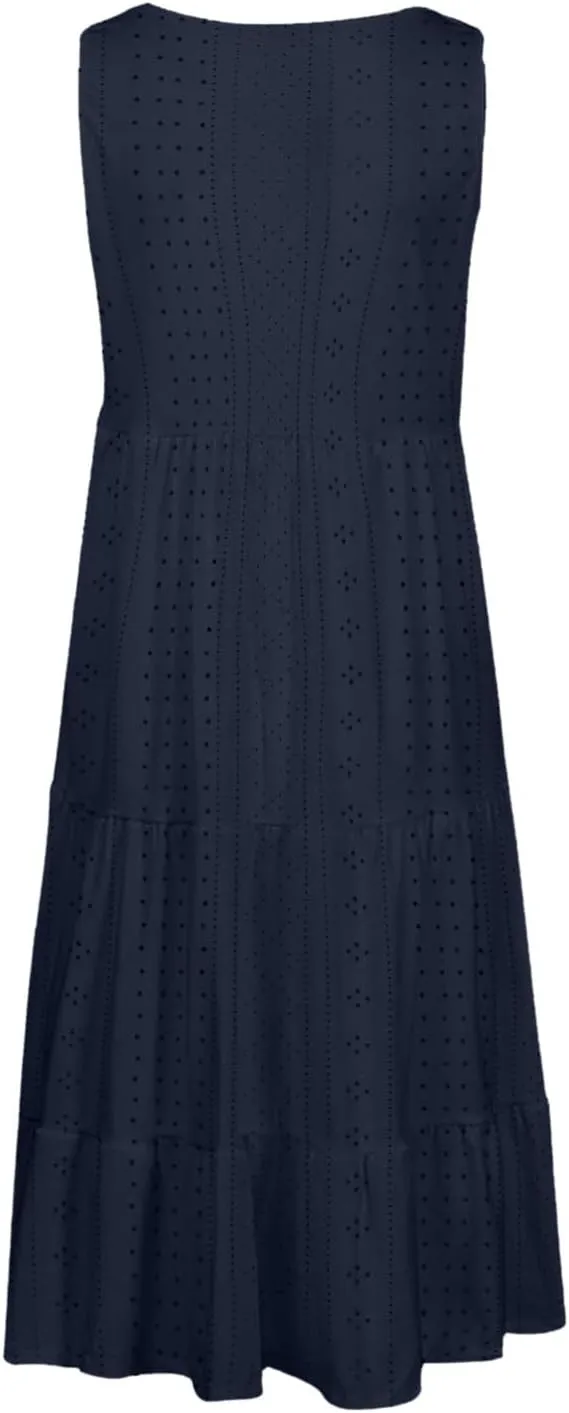 Dresses for Women Summer Casual Hollow Out Breathable Beach Sundresses Loose Fit Sleeveless Round Neck Vacation Dress