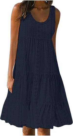 Dresses for Women Summer Casual Hollow Out Breathable Beach Sundresses Loose Fit Sleeveless Round Neck Vacation Dress