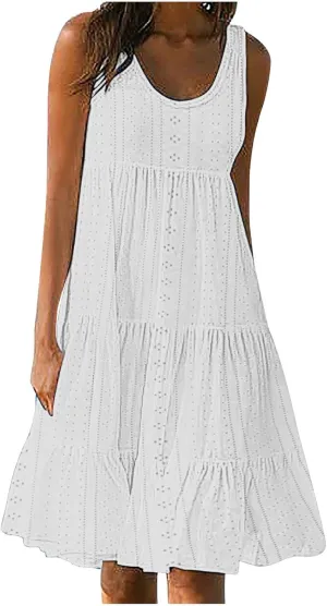 Dresses for Women Summer Casual Hollow Out Breathable Beach Sundresses Loose Fit Sleeveless Round Neck Vacation Dress
