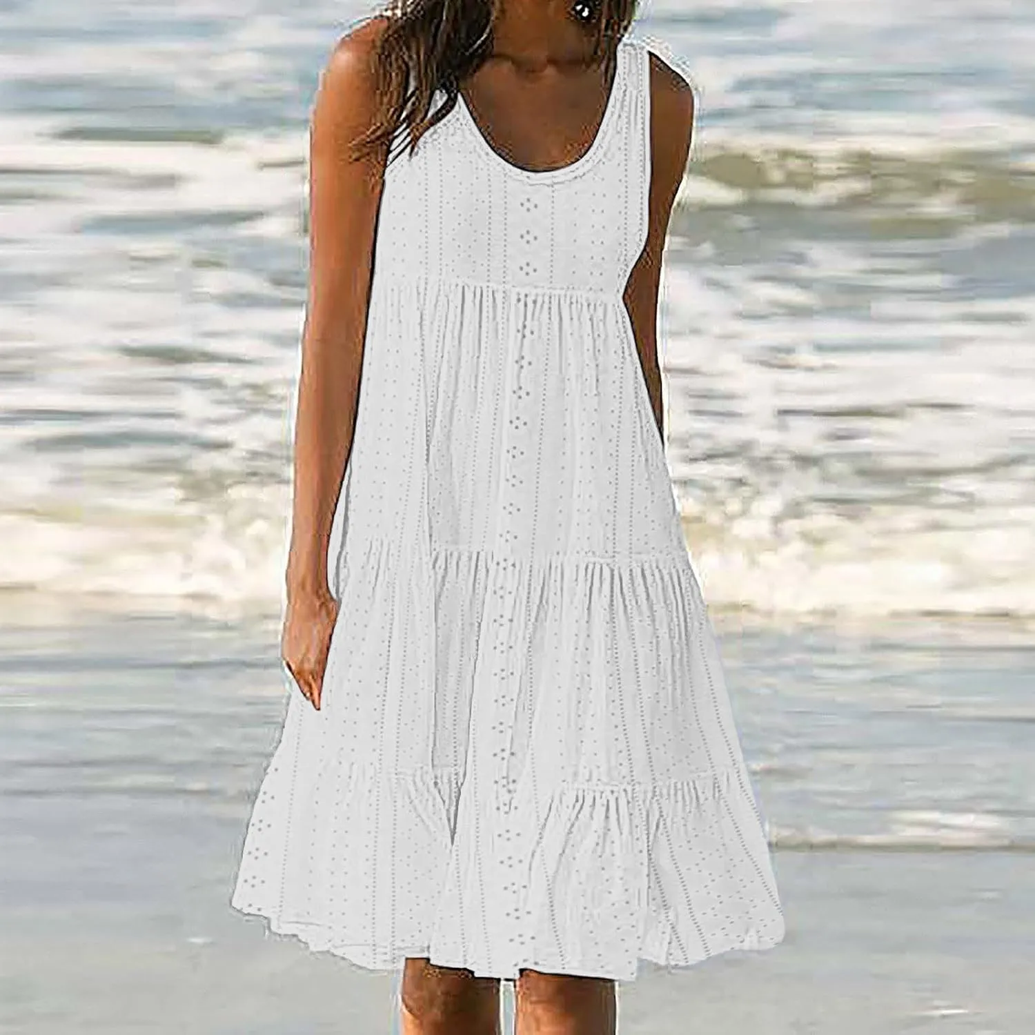 Dresses for Women Summer Casual Hollow Out Breathable Beach Sundresses Loose Fit Sleeveless Round Neck Vacation Dress
