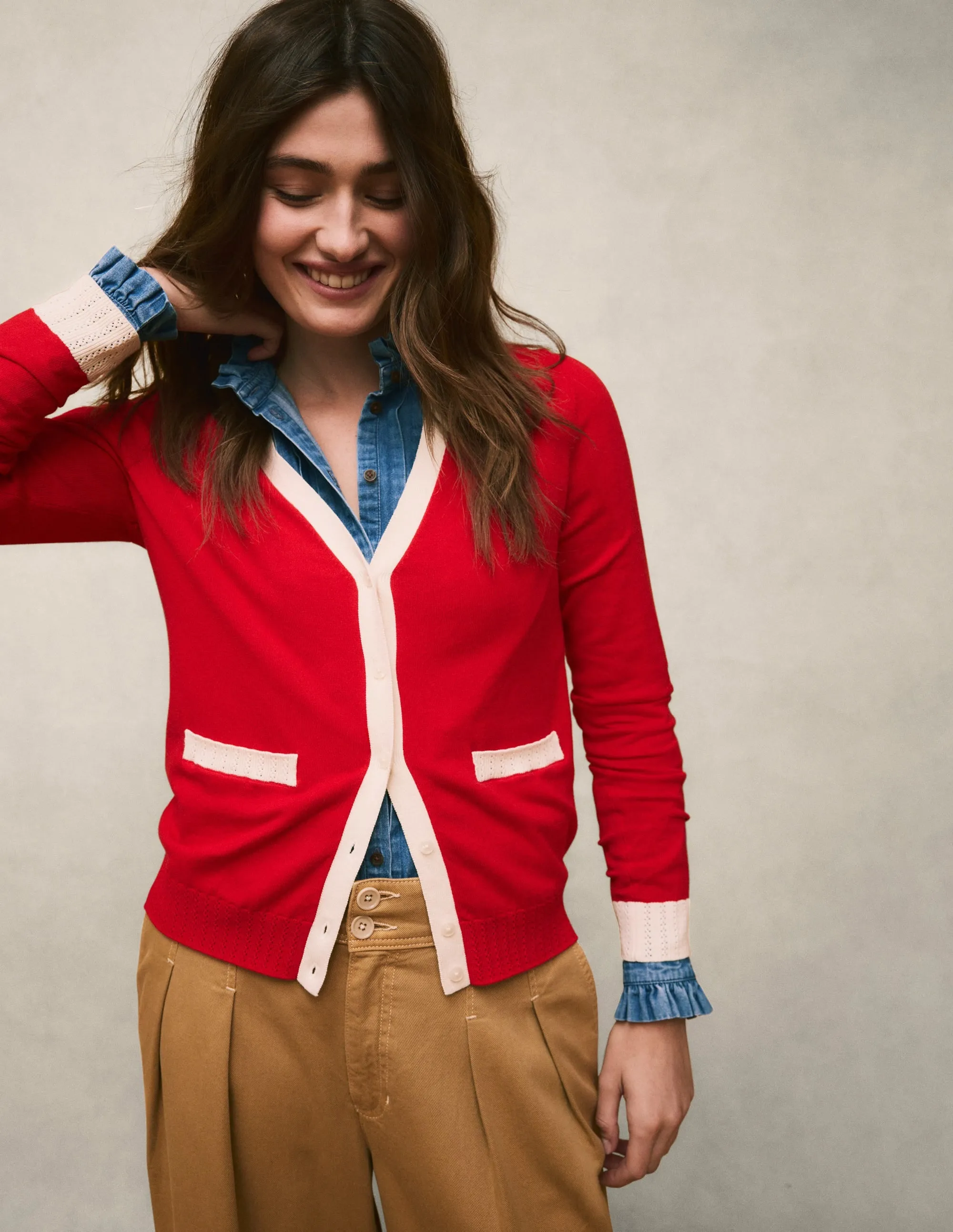 Emilia Cotton V Neck Cardigan-Poppy Red