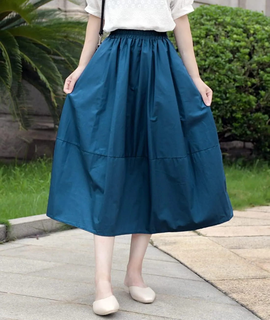 Femiserah Women's Casual High Waist Pleated A-Line Midi Skirt with Pockets