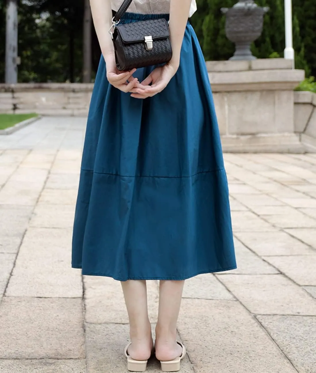 Femiserah Women's Casual High Waist Pleated A-Line Midi Skirt with Pockets