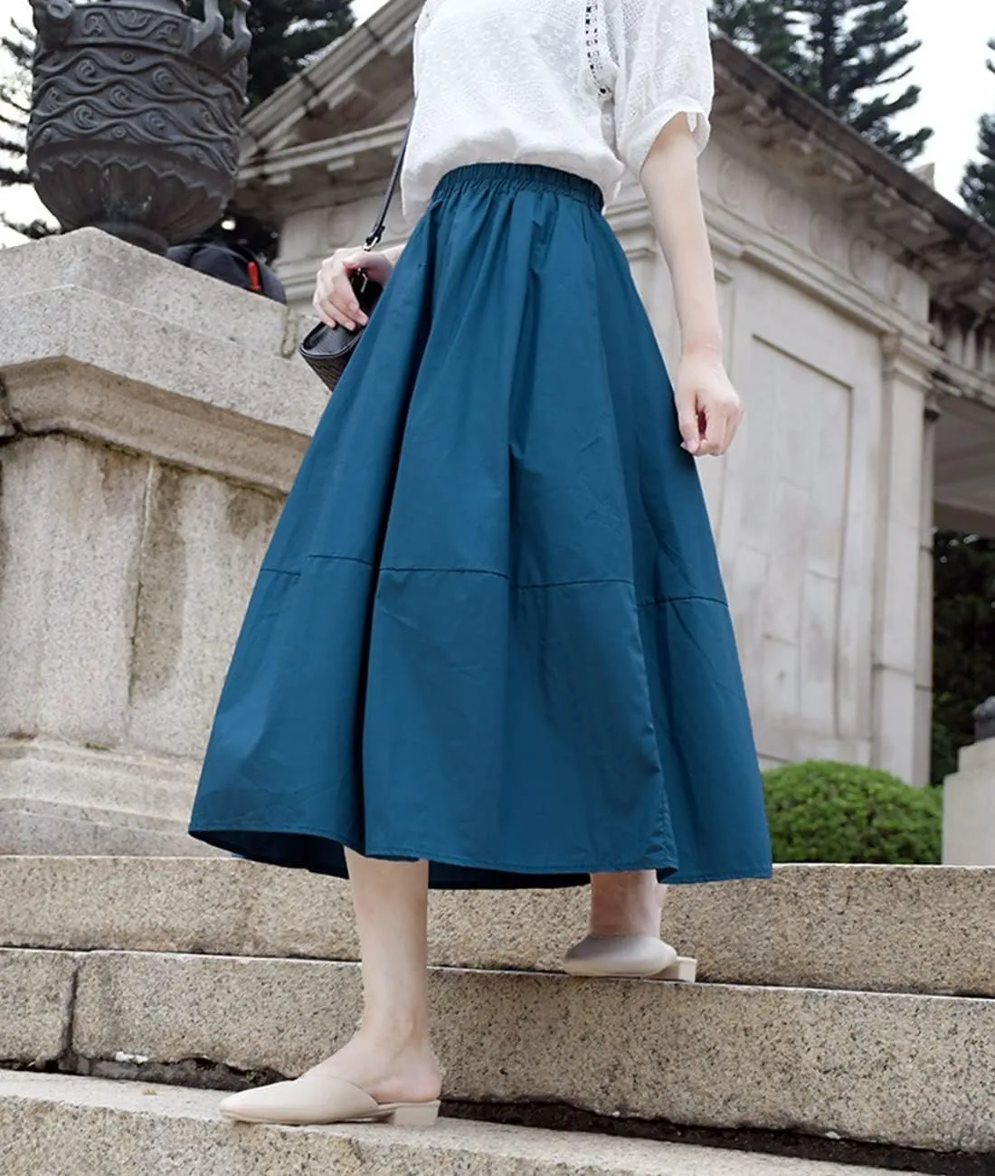 Femiserah Women's Casual High Waist Pleated A-Line Midi Skirt with Pockets