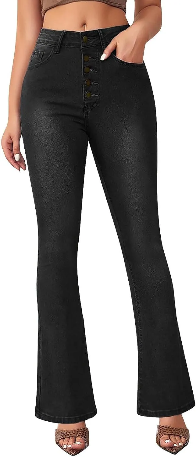 FQZWONG High Waisted Bell Bottom Jeans for Women Plus Size Wide Leg Flare Jeans Slim Fit Solid Stretch Denim Pants