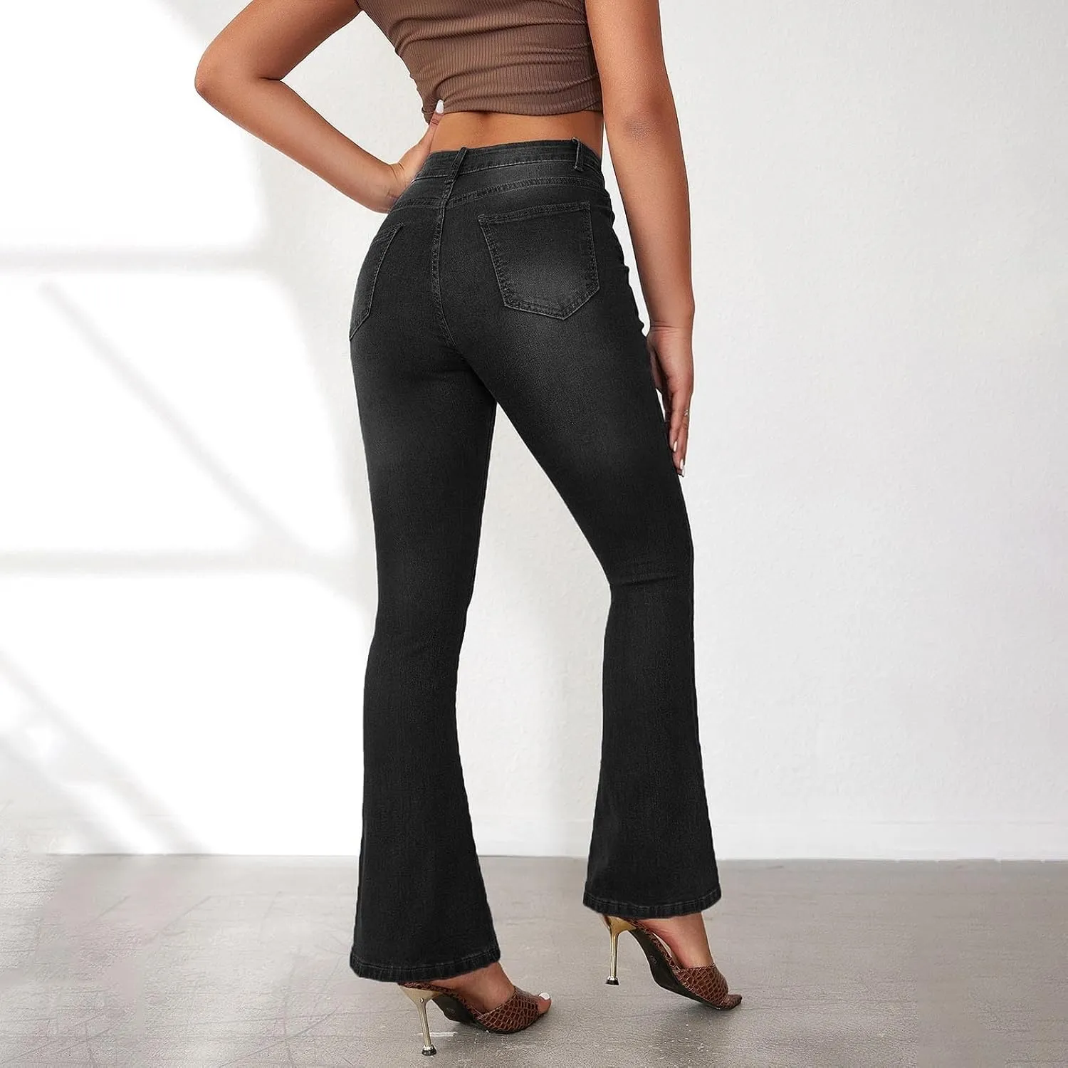 FQZWONG High Waisted Bell Bottom Jeans for Women Plus Size Wide Leg Flare Jeans Slim Fit Solid Stretch Denim Pants