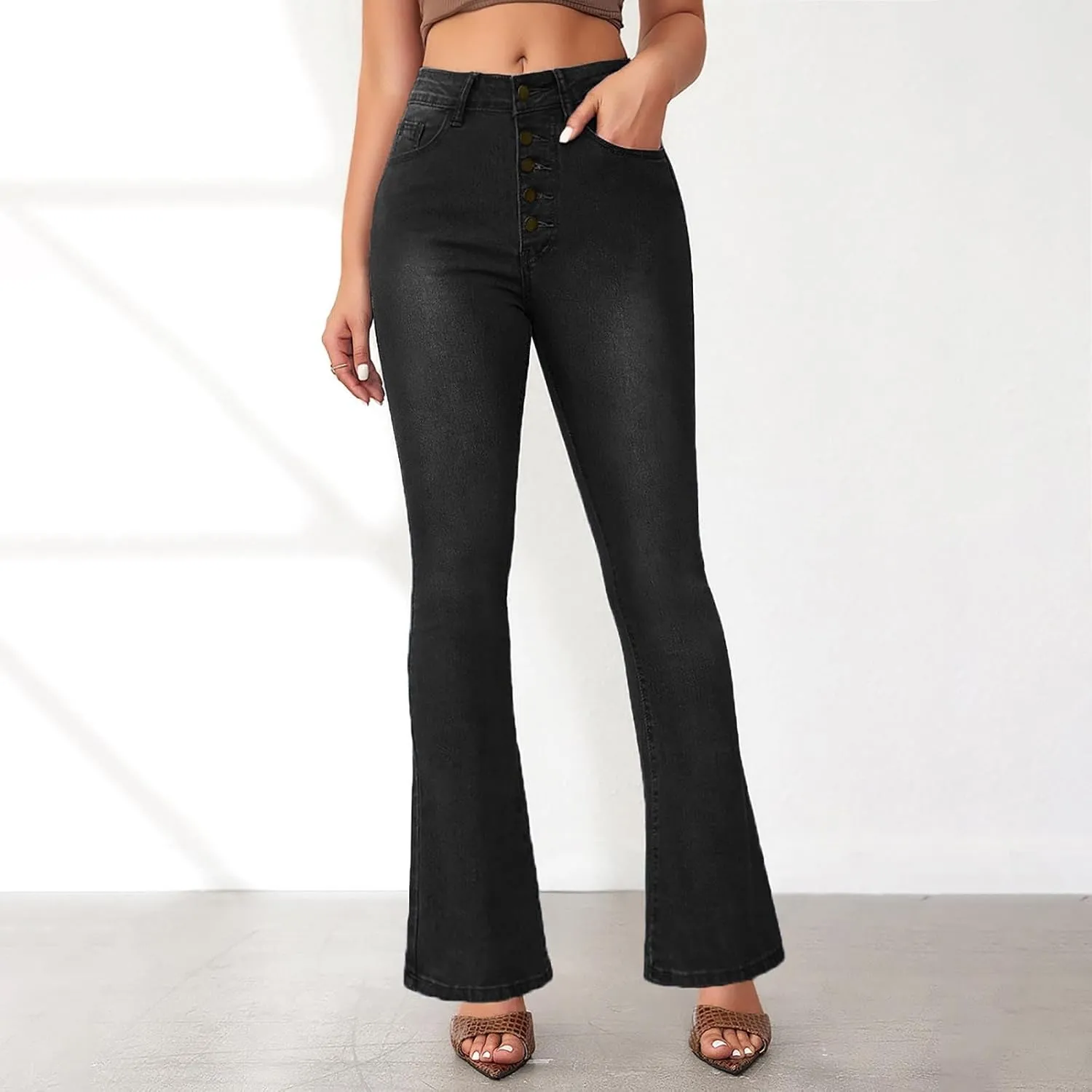 FQZWONG High Waisted Bell Bottom Jeans for Women Plus Size Wide Leg Flare Jeans Slim Fit Solid Stretch Denim Pants