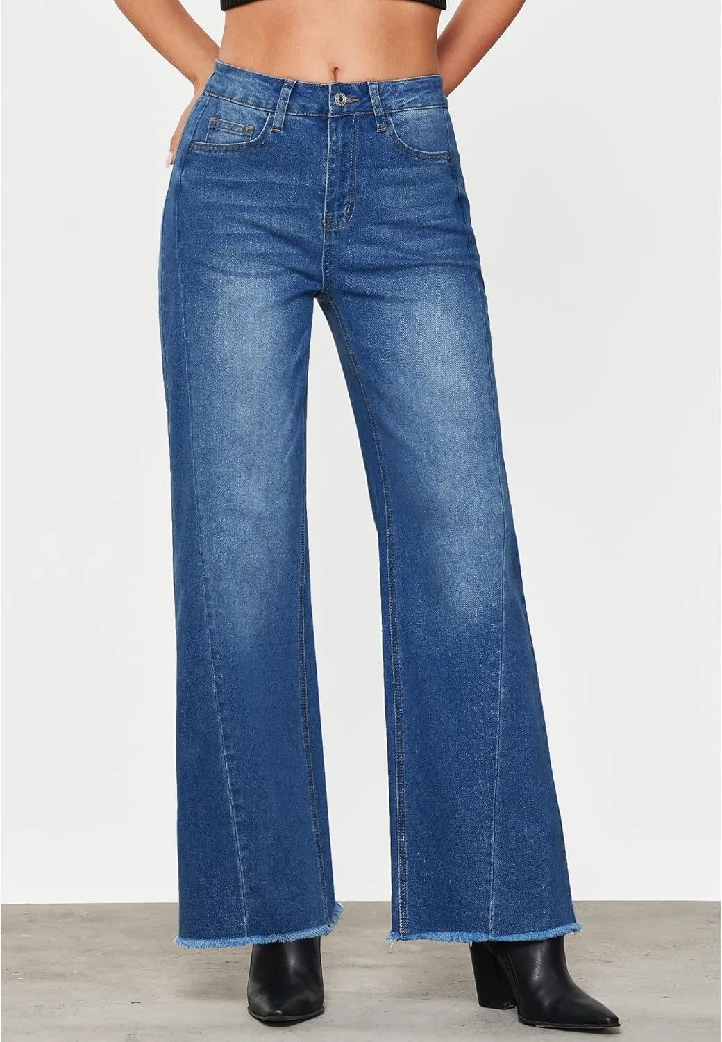 GRAPENT Wide Leg Jeans for Women High Waisted Trendy Strechy Denim Pants Side Seam Frayed Hem Baggy Work Trouser Jeans