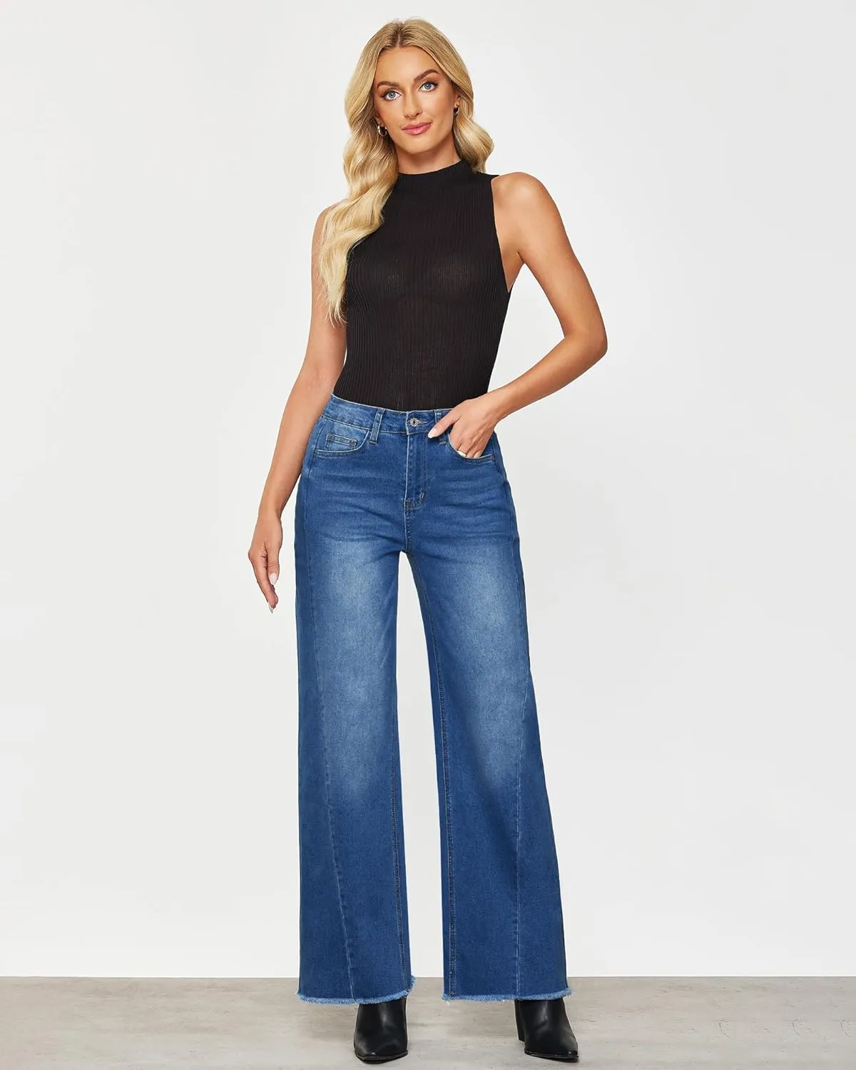GRAPENT Wide Leg Jeans for Women High Waisted Trendy Strechy Denim Pants Side Seam Frayed Hem Baggy Work Trouser Jeans