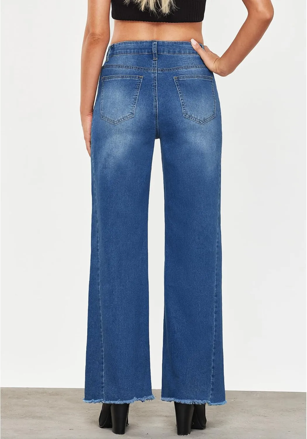 GRAPENT Wide Leg Jeans for Women High Waisted Trendy Strechy Denim Pants Side Seam Frayed Hem Baggy Work Trouser Jeans