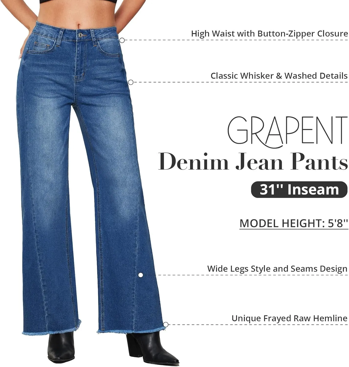 GRAPENT Wide Leg Jeans for Women High Waisted Trendy Strechy Denim Pants Side Seam Frayed Hem Baggy Work Trouser Jeans