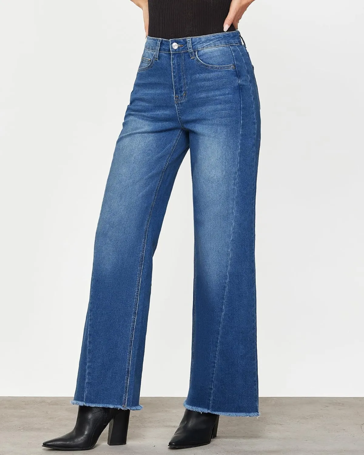 GRAPENT Wide Leg Jeans for Women High Waisted Trendy Strechy Denim Pants Side Seam Frayed Hem Baggy Work Trouser Jeans