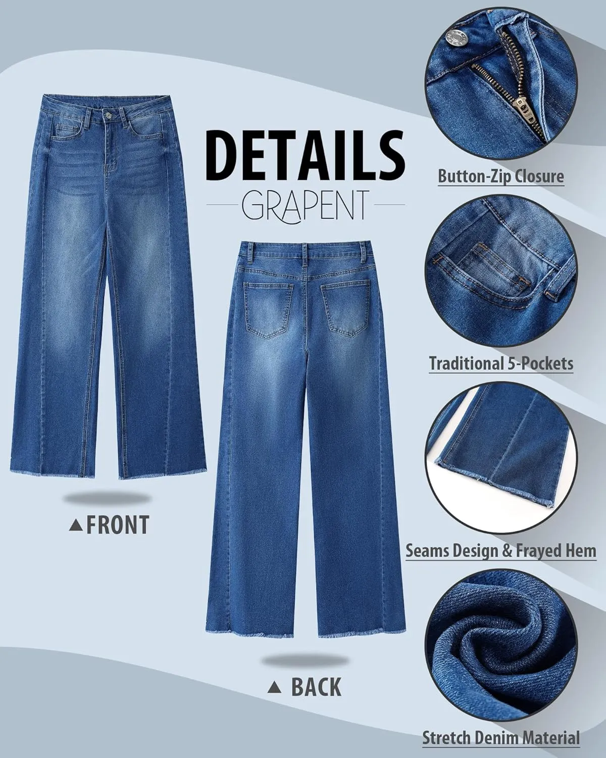 GRAPENT Wide Leg Jeans for Women High Waisted Trendy Strechy Denim Pants Side Seam Frayed Hem Baggy Work Trouser Jeans