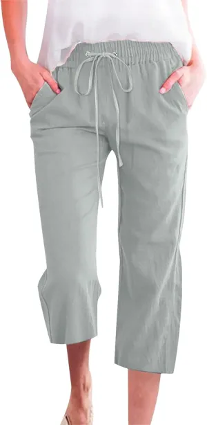 High Waist Cotton Linen Capri Pants for Women Straight Leg Elastic Drawstring 3/4 Shorts Breathable Summer Beach Yoga Pant