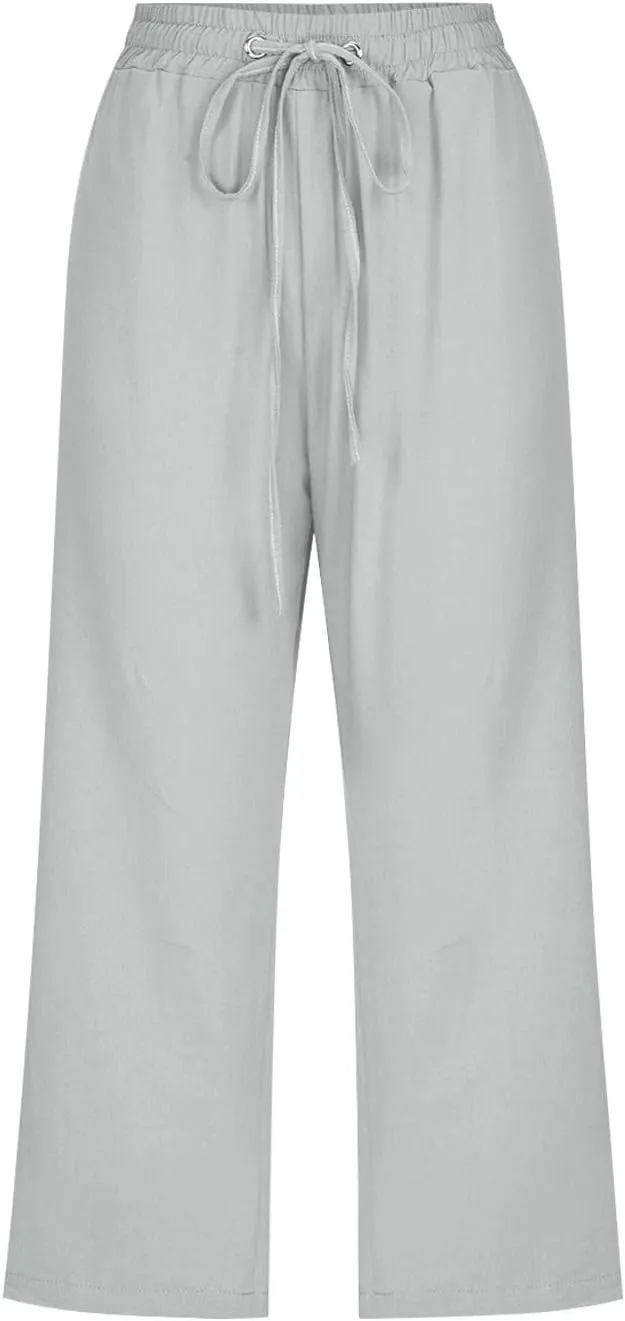 High Waist Cotton Linen Capri Pants for Women Straight Leg Elastic Drawstring 3/4 Shorts Breathable Summer Beach Yoga Pant