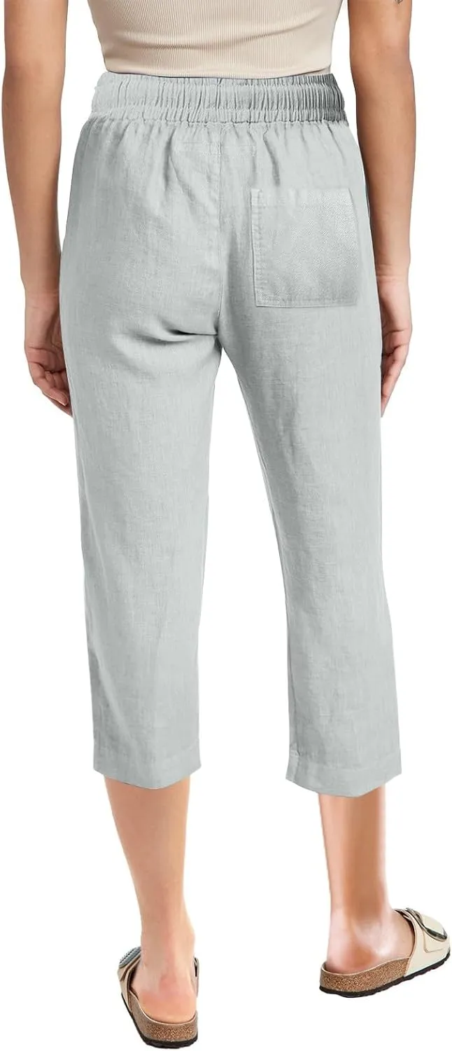 High Waist Cotton Linen Capri Pants for Women Straight Leg Elastic Drawstring 3/4 Shorts Breathable Summer Beach Yoga Pant
