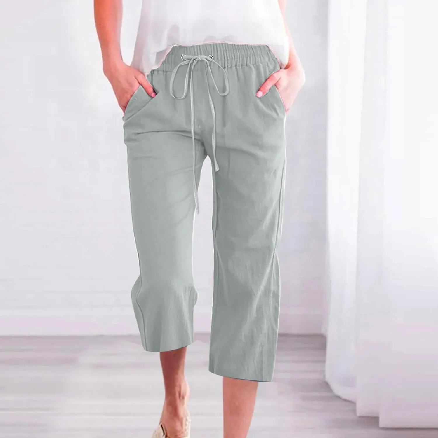 High Waist Cotton Linen Capri Pants for Women Straight Leg Elastic Drawstring 3/4 Shorts Breathable Summer Beach Yoga Pant