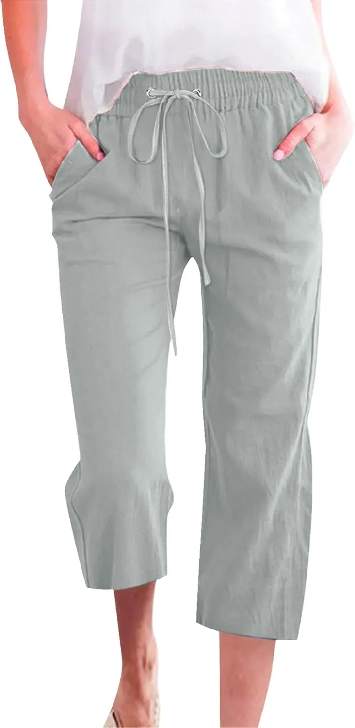 High Waist Cotton Linen Capri Pants for Women Straight Leg Elastic Drawstring 3/4 Shorts Breathable Summer Beach Yoga Pant