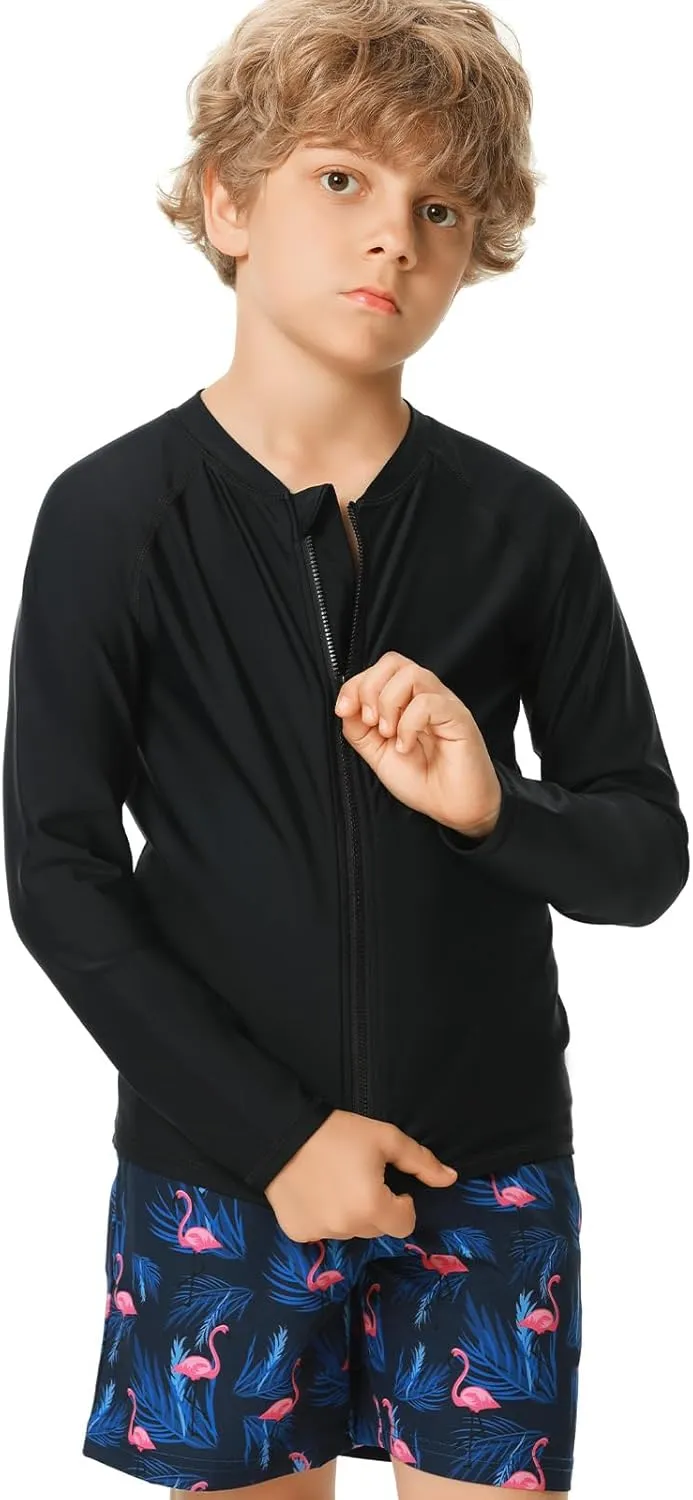 HODOSPORTS Boys UPF 50  Rash Guard Swim Shirts with Zipper Long Sleeve Quick Dry UV Protection Sun T-Shirts