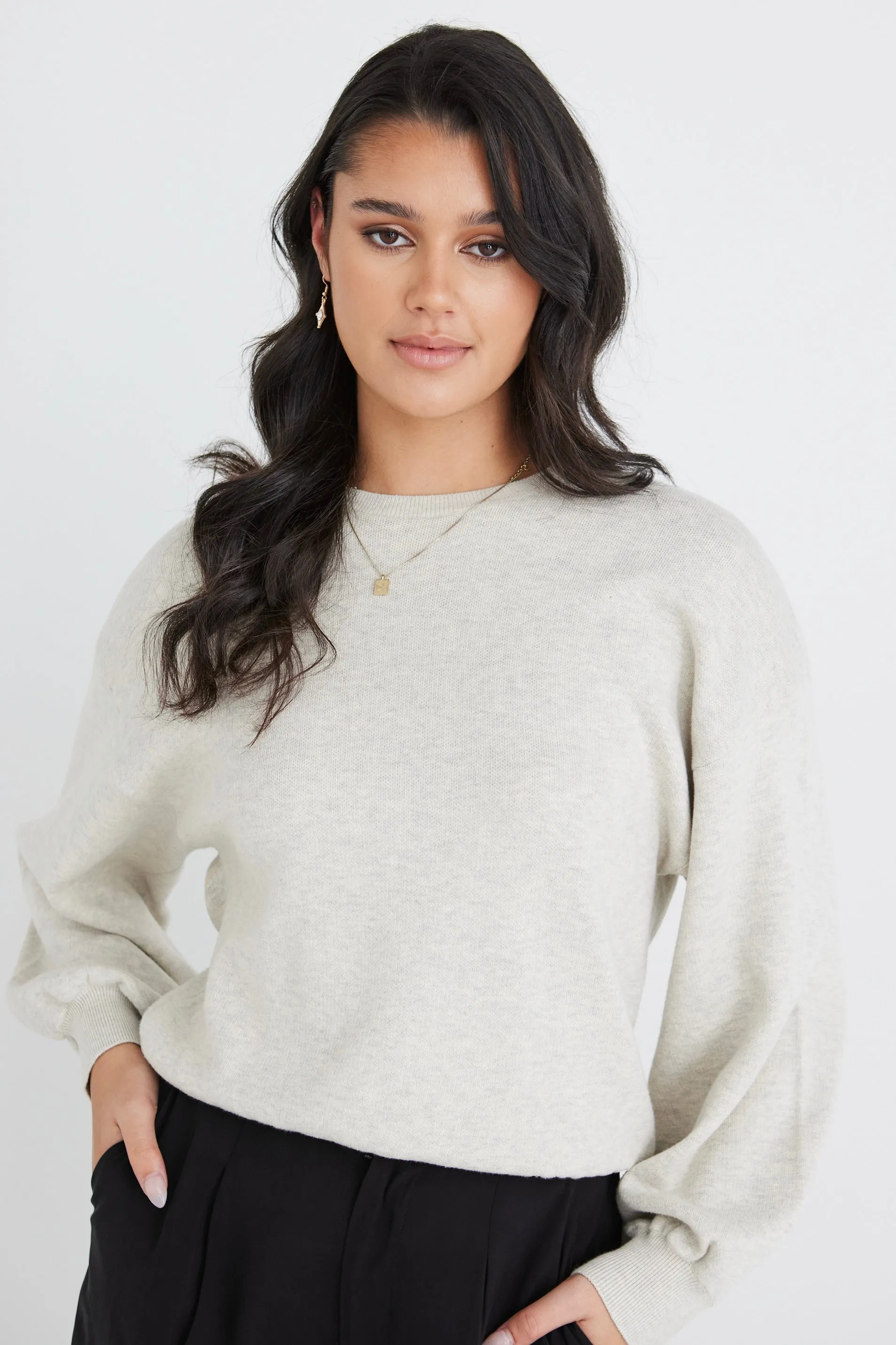 Impulse Oat Marle Cotton Crew Neck Fine Knit Jumper