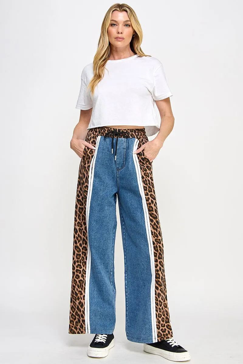 LEOPARD STRIPE DRAWSTRING ELASIC WAIST JEANS