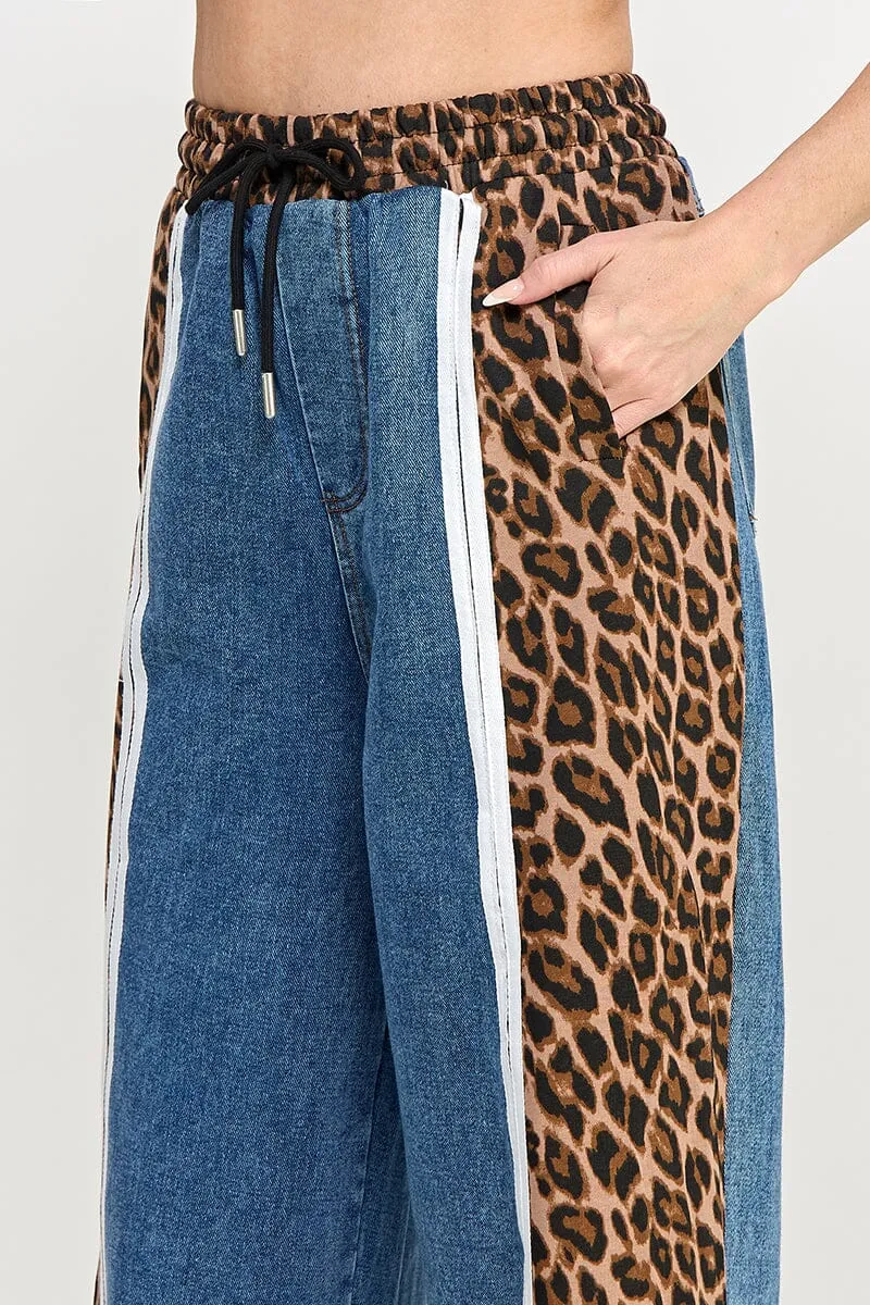 LEOPARD STRIPE DRAWSTRING ELASIC WAIST JEANS