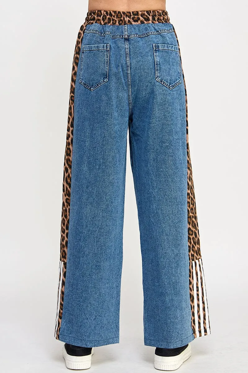 LEOPARD STRIPE DRAWSTRING ELASIC WAIST JEANS